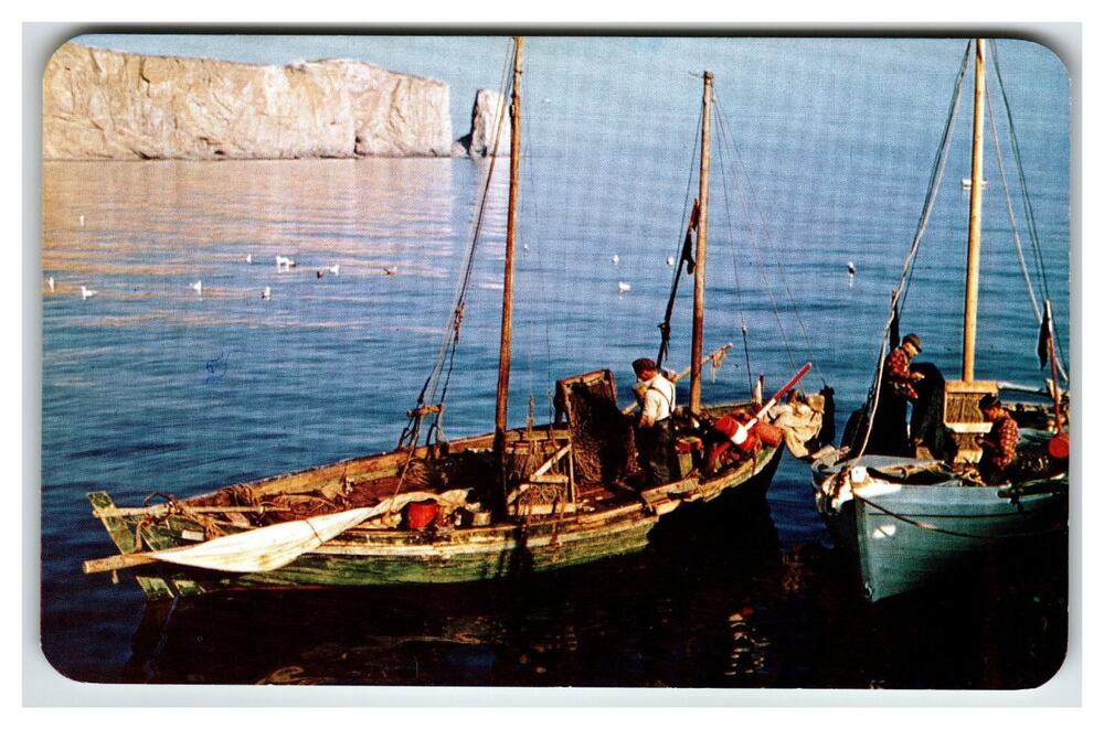 Percé Quebec Fishing Boats Kodachrome Photo Postcard Canada Vintage